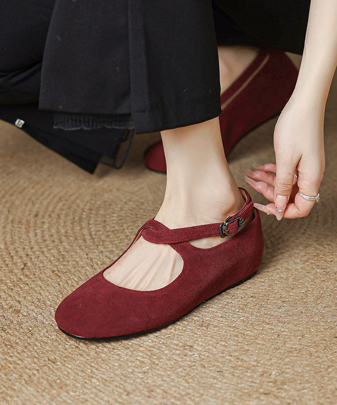Red Flat Feet Shoes Cowhide Leather Chic Buckle Strap Flat Feet Shoes