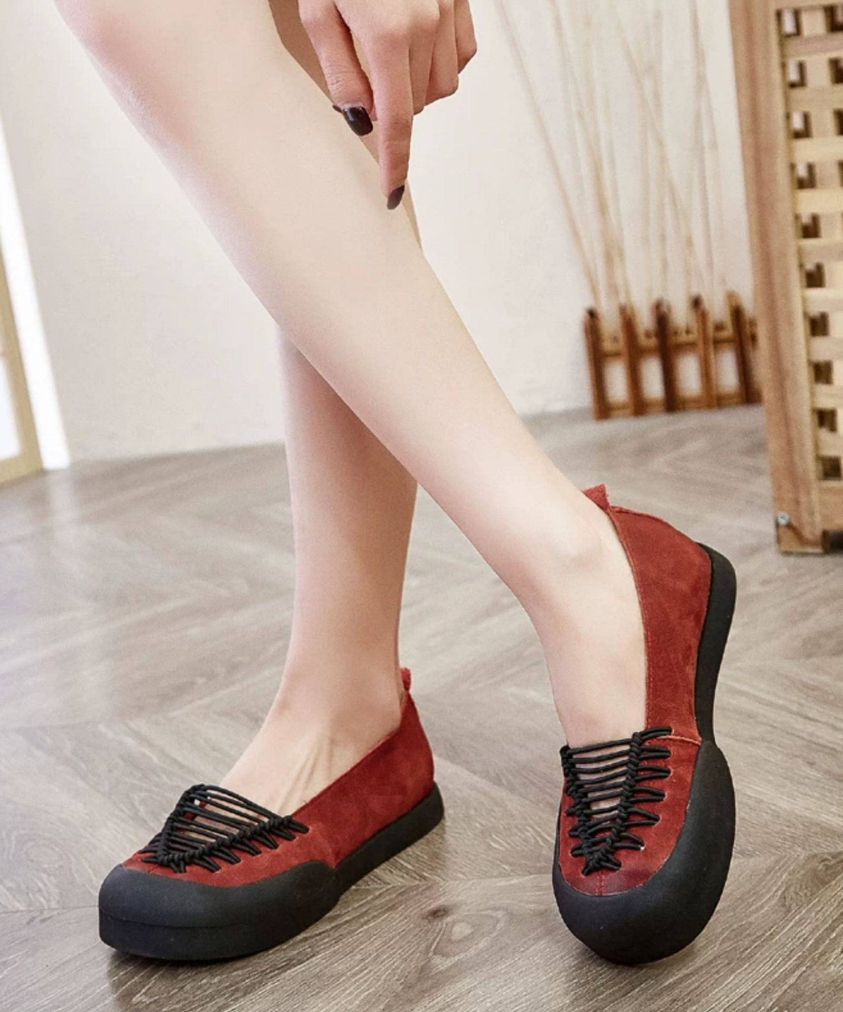 Red Flat Shoes Faux Leather Women Hollow Out Flats