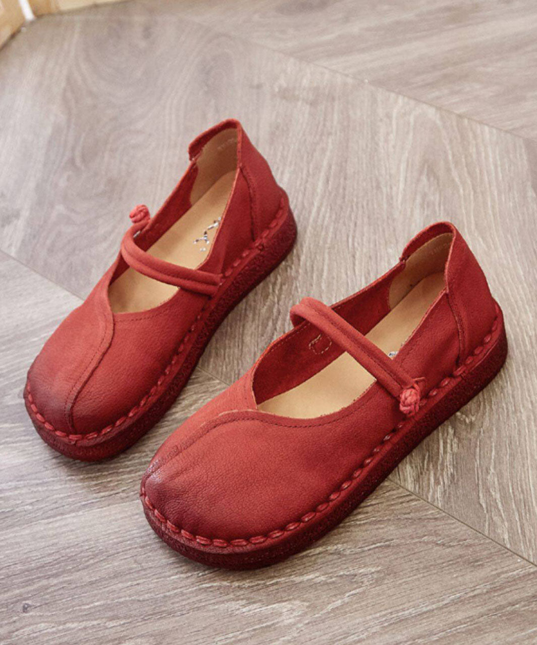 Red Flat Shoes For Women Buckle Strap Flat Feet Shoes