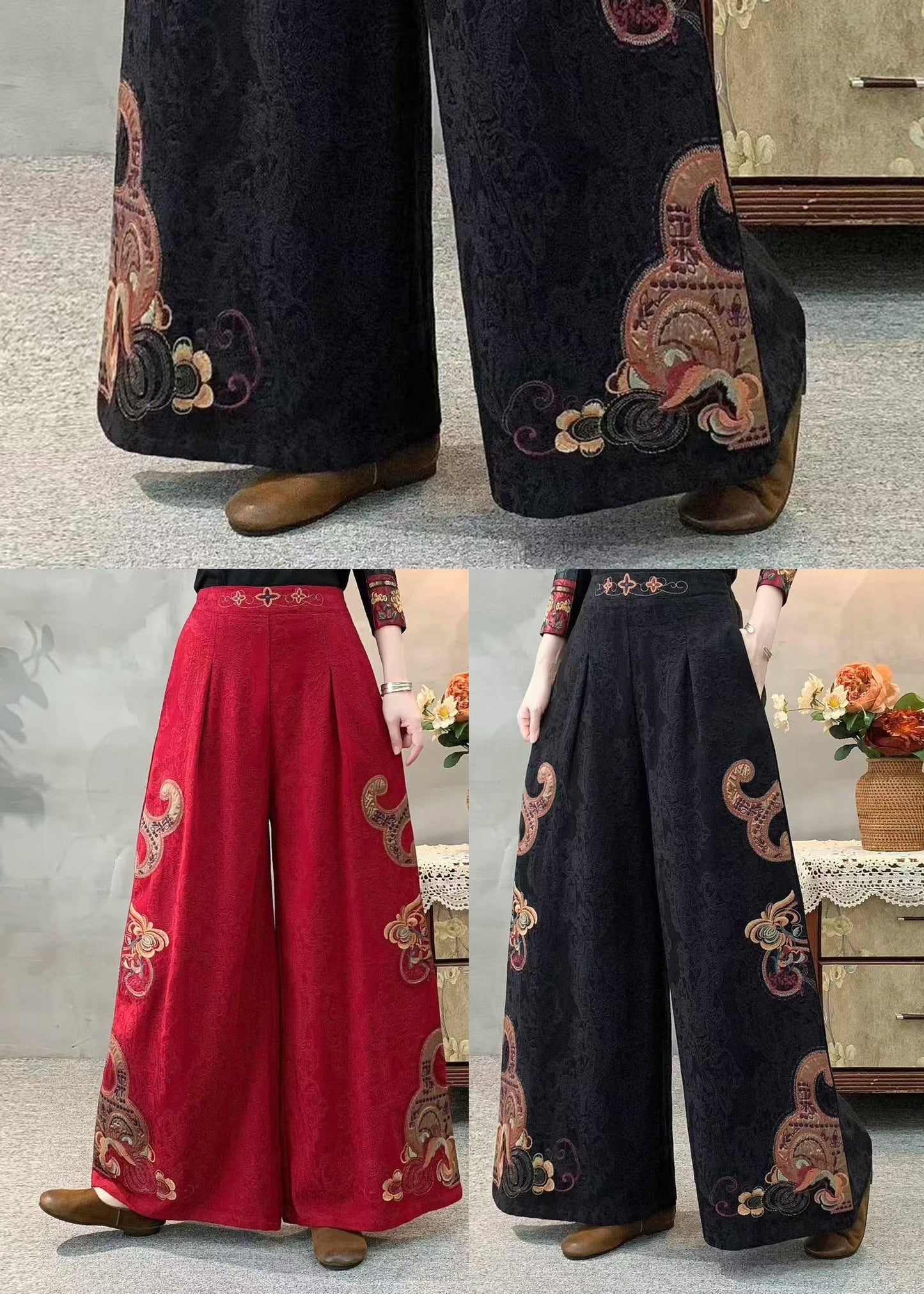 Red Jacquard Linen Wide Leg Pants Embroidered Spring