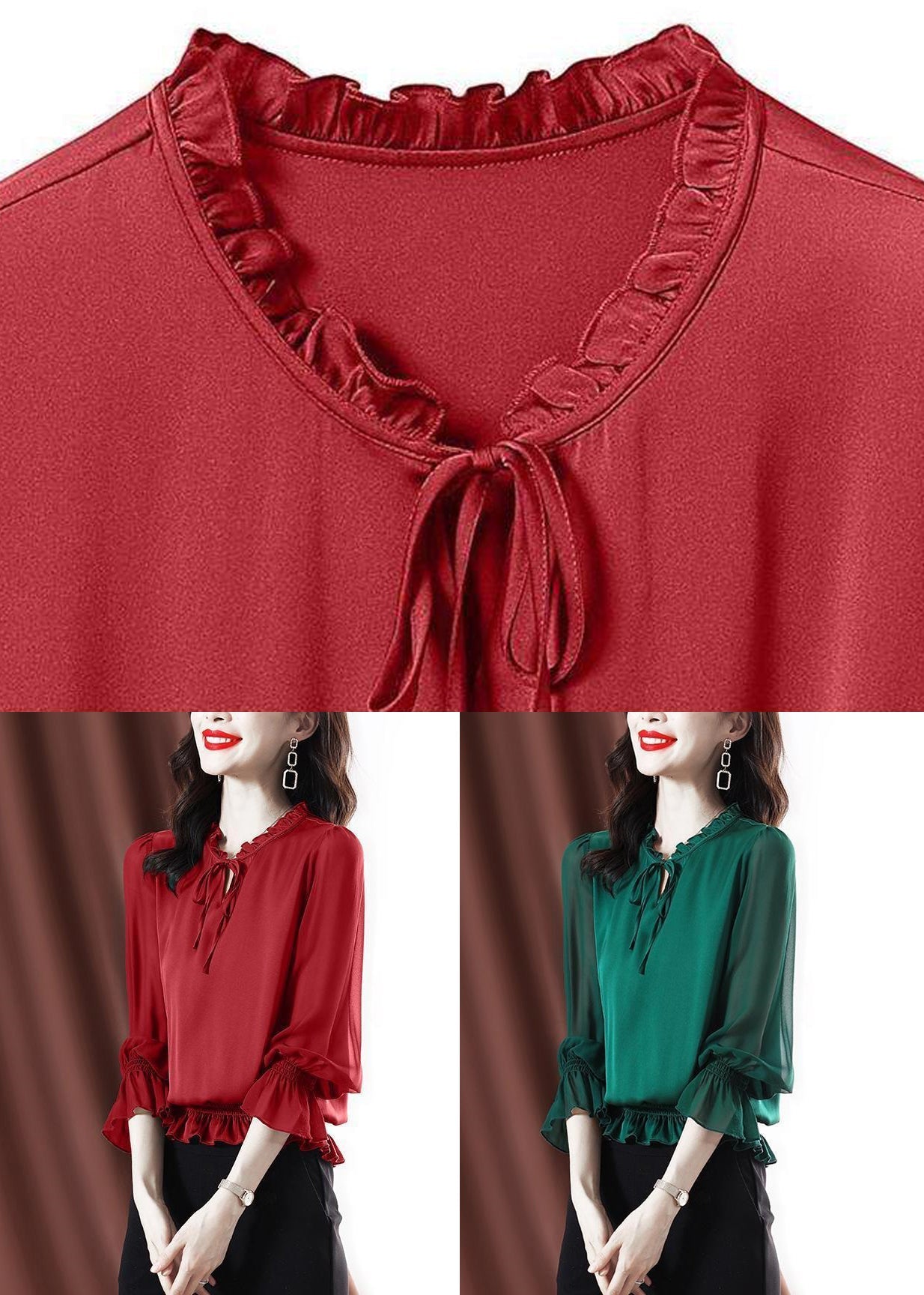 Red Lace Up Solid Chiffon Shirt Ruffled Flare Sleeve