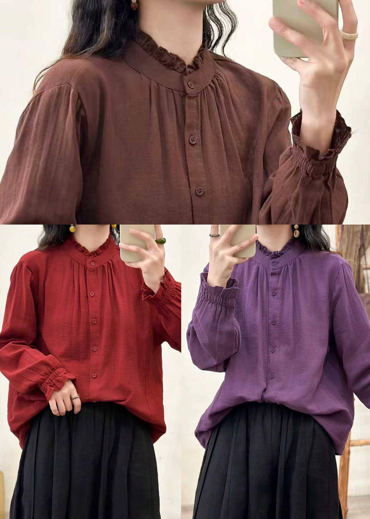 Red Loose Cotton Shirt Ruffled Stand Collar Fall