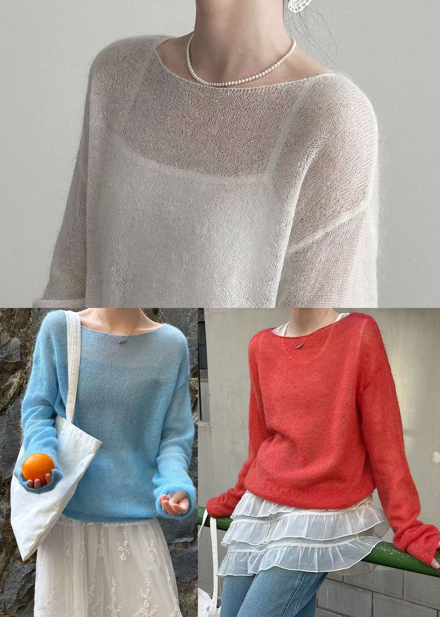 Red Loose Knit Tops Slash Neck Hollow Out Spring