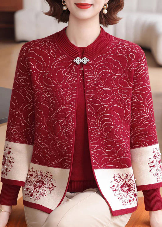 Red O-Neck Print Knit Coats And Sweaters Two Pieces Set Spring