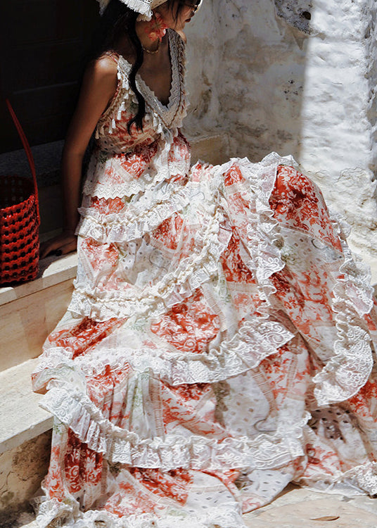Red Patchwork Chiffon Holiday Dresses Exra Large Hem Summer