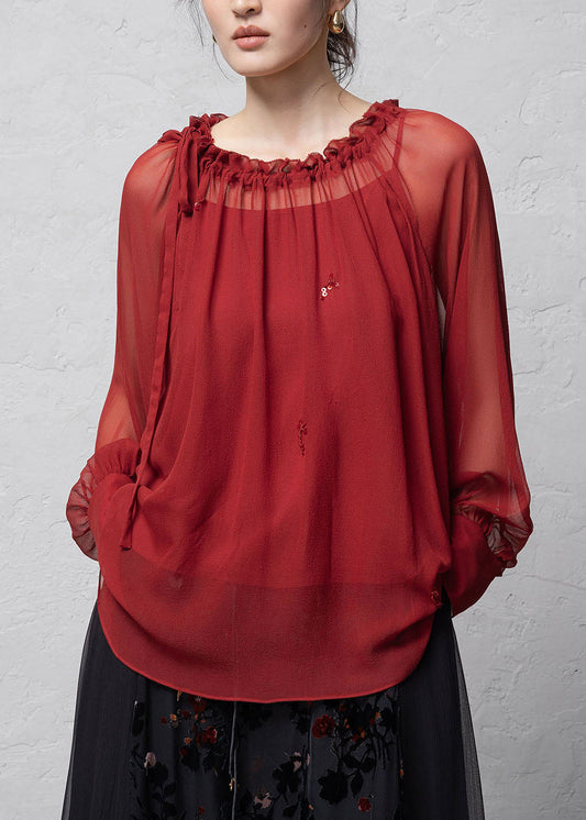 Red Patchwork Handmade Silk Shirt Tops Ruffled Fall