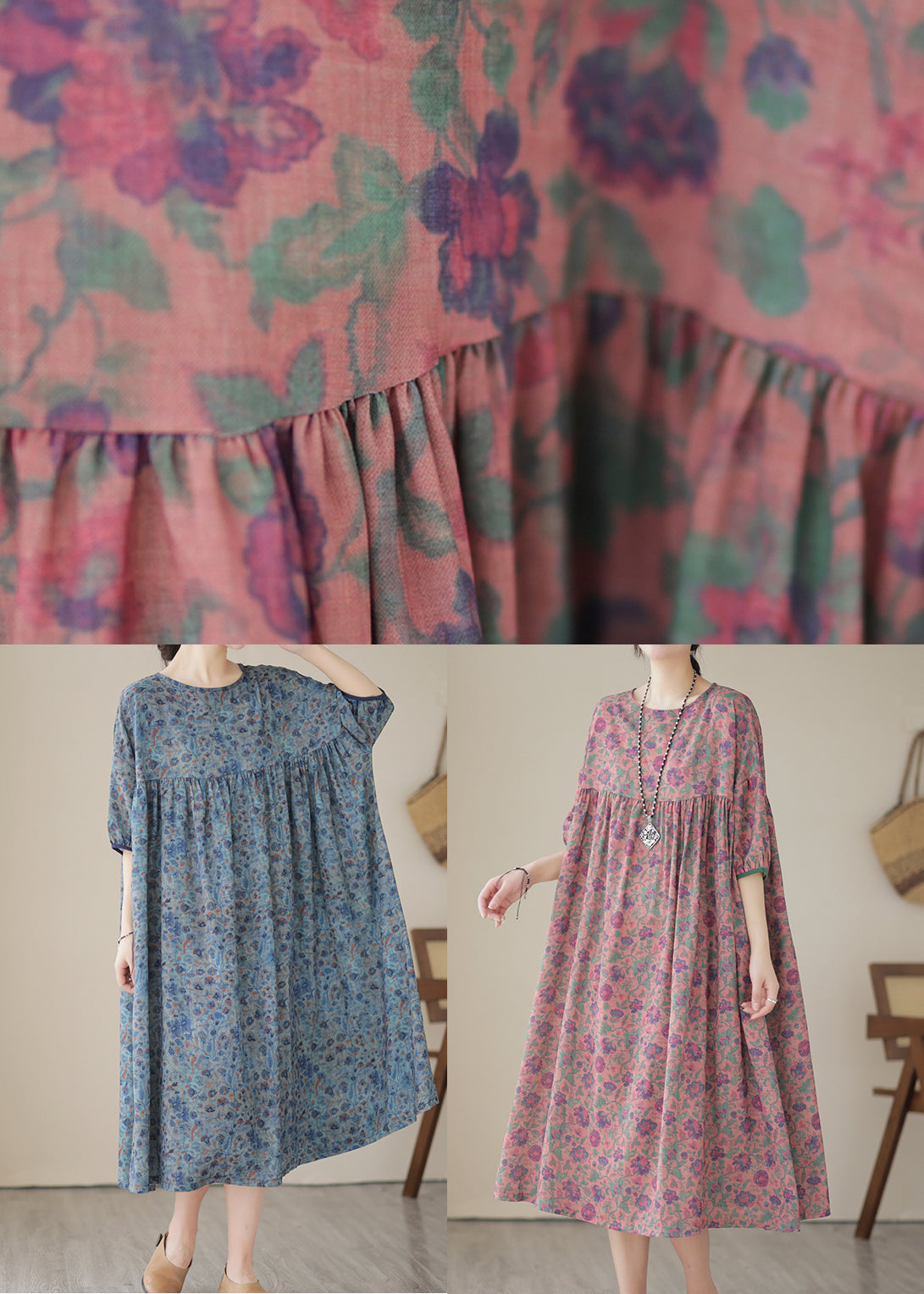 Red Patchwork Linen Maxi Dresses Oversized Print Summer