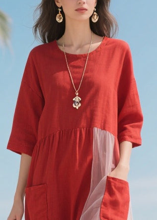 Red Patchwork Tulle Robe Dresses Asymmetrical Half Sleeve