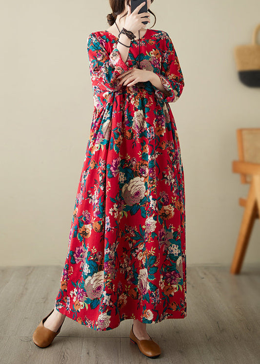 Red Patchwork Wrinkled Maxi Dress Long Sleeve