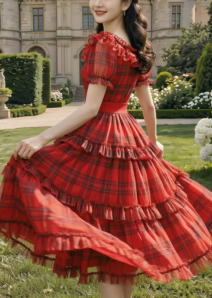 Red Plaid Tulle Mid Dress Ruffled Summer