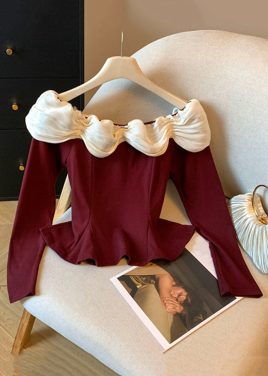 Red Ruffled Patchwork Cotton T Shirt Slash Neck