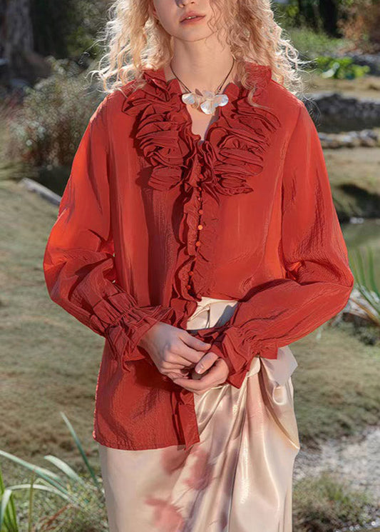 Red V Neck Butto Solid Tops Spring