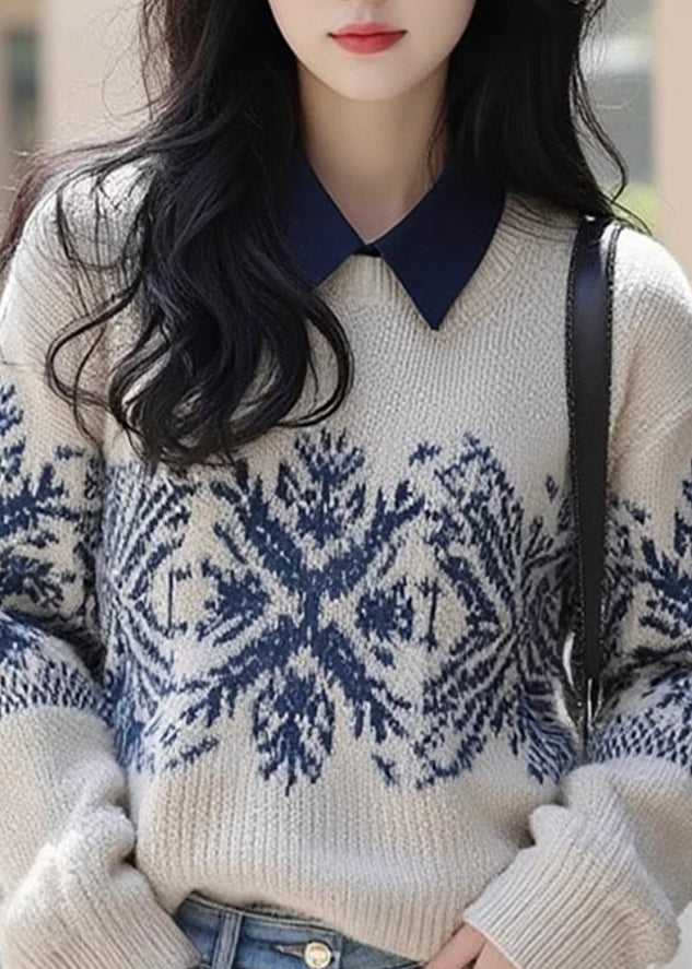 Retro Apricot Peter Pan Collar Print Cotton Knit Sweater Spring