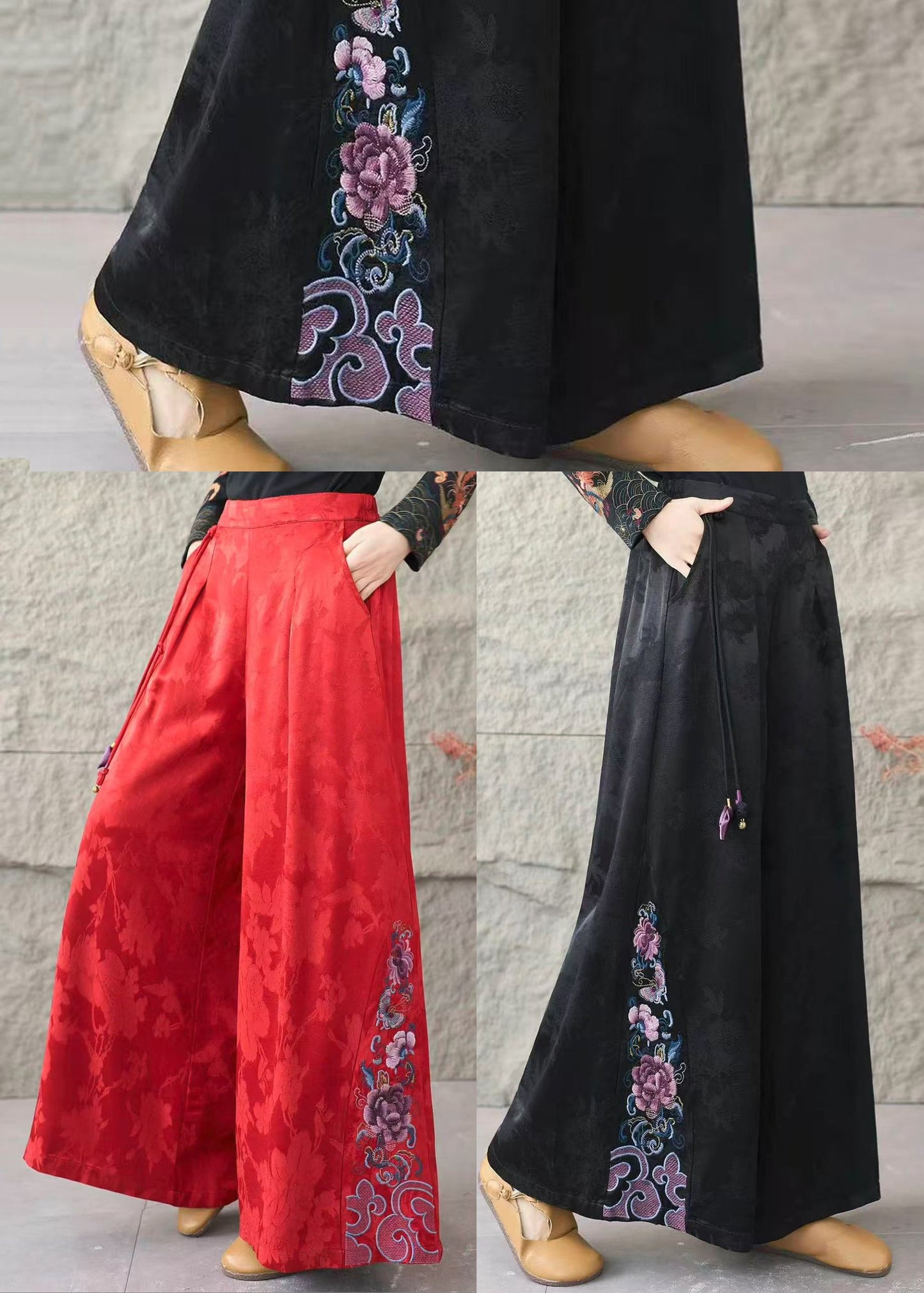 Retro Black Embroidered Patchwork Silk Wide Leg Pants Spring