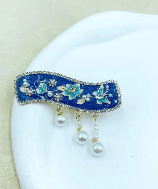 Retro Blue Alloy Floral Dripping Glaze Pearl Tassel Hairpin