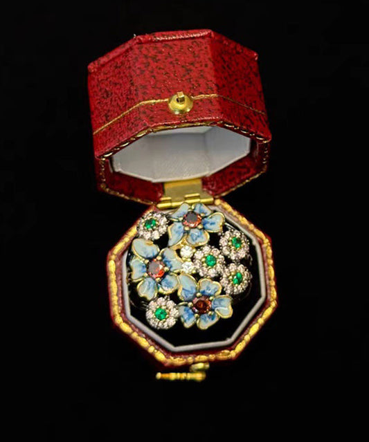 Retro Blue Floral Zircon Exaggeration Alloy Rings