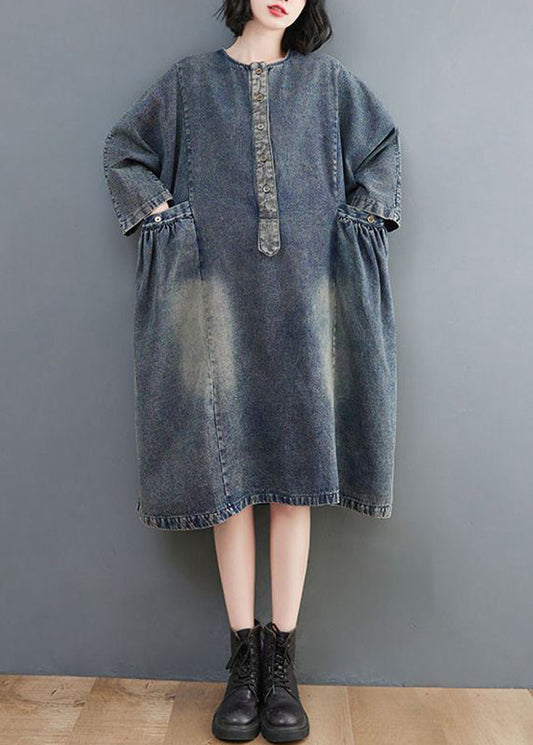 Retro Blue O-Neck Patchwork Button Pockets Cotton Denim Dresses Long Sleeve