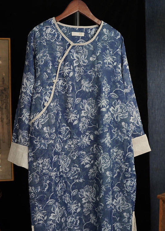 Retro Blue O-Neck Patchwork Side Open Long Parka Winter