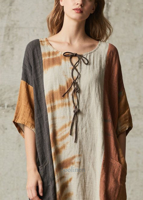 Retro Brown Oversized Patchwork Cotton Holiday Dress Summer