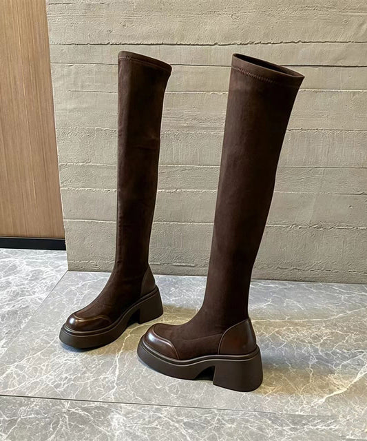 Retro Brown Splicing Suede Chunky Over The Knee Boots