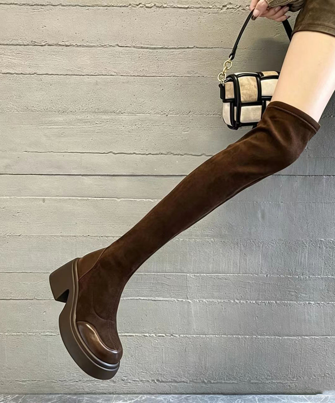 Retro Brown Splicing Suede Chunky Over The Knee Boots