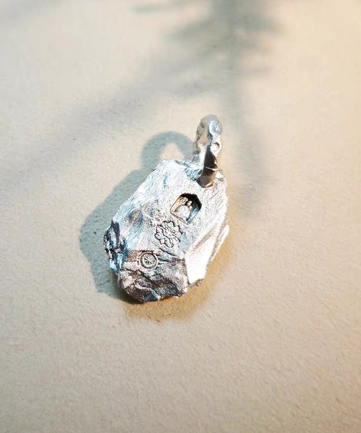 Retro Colorblock Asymmetric Emerge From The Stone Silver Pendant