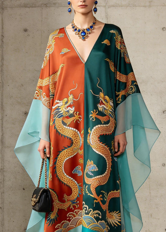 Retro Colorblock V Neck Print Chiffon Maxi Dresses Summer