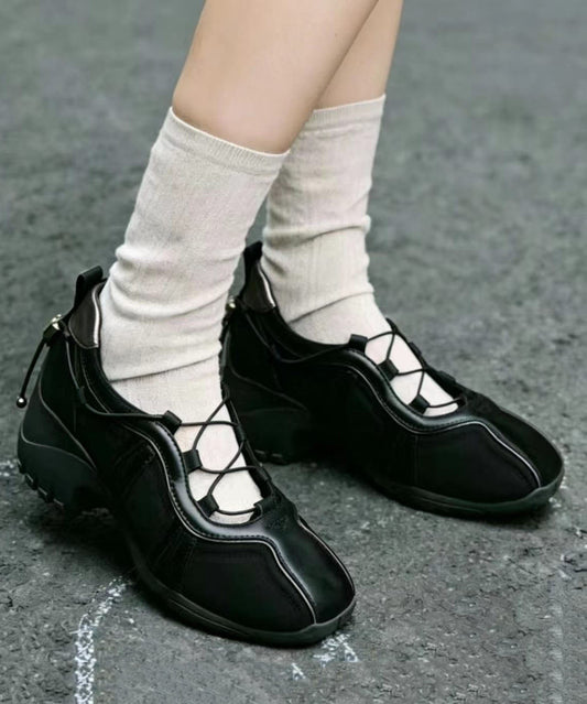 Retro Cross Strap Chunky Flat Shoes For Women Black Faux Leather