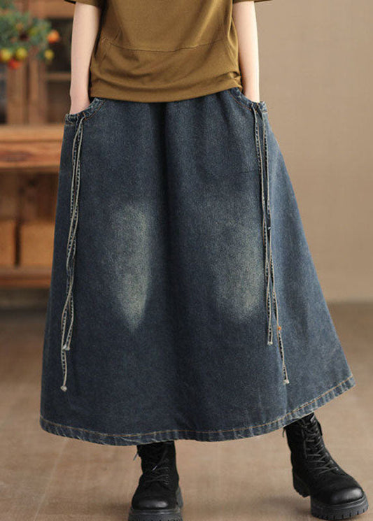 Retro Dark Grey Pockets Patchwork Denim Maxi Skirt Fall