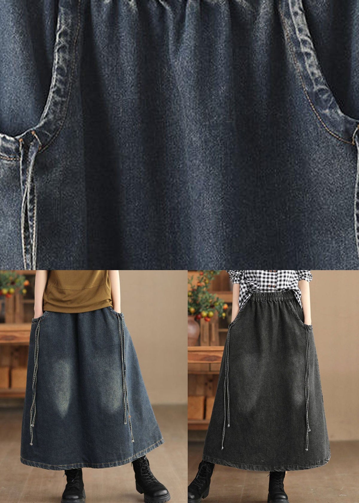 Retro Dark Grey Pockets Patchwork Denim Maxi Skirt Fall