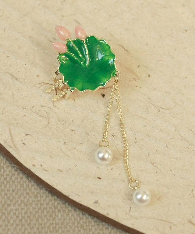 Retro Green Alloy Pearl Lotus Leaf Tassel Hairpin