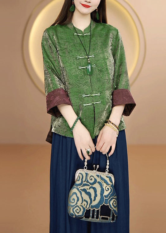 Retro Green Stand Collar Oriental Button Silk Cardigans Bracelet Sleeve