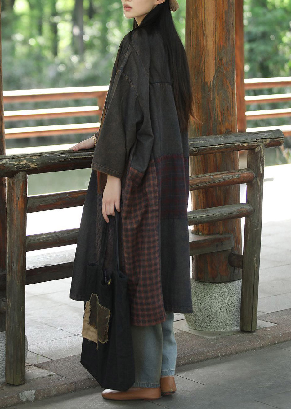 Retro O-Neck Patchwork Button Denim Fabric Maxi Coat Fall