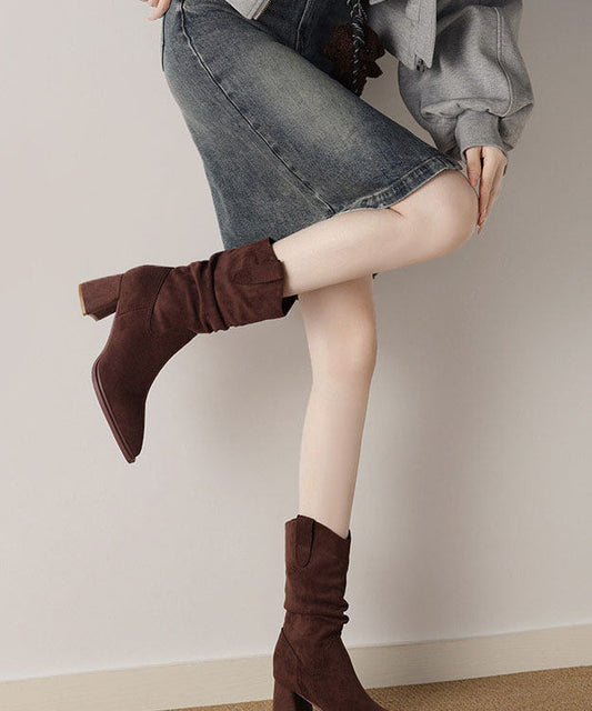 Retro Pointed Toe Chunky Boots Chocolate Faux Leather