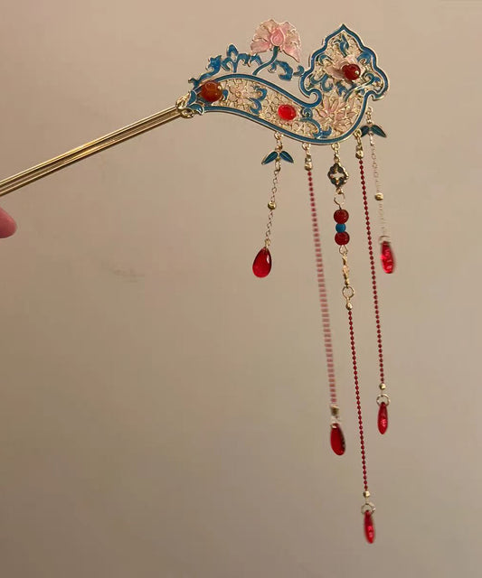 Retro Red Alloy Hollow Out Cloisonne Floral Tassel A Pair Hairpin