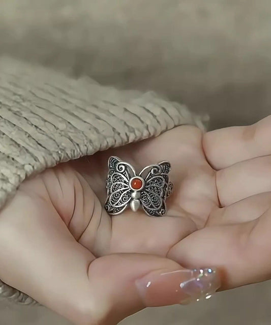 Retro Red Sterling Silver Agate Butterfly Hollow Out Rings