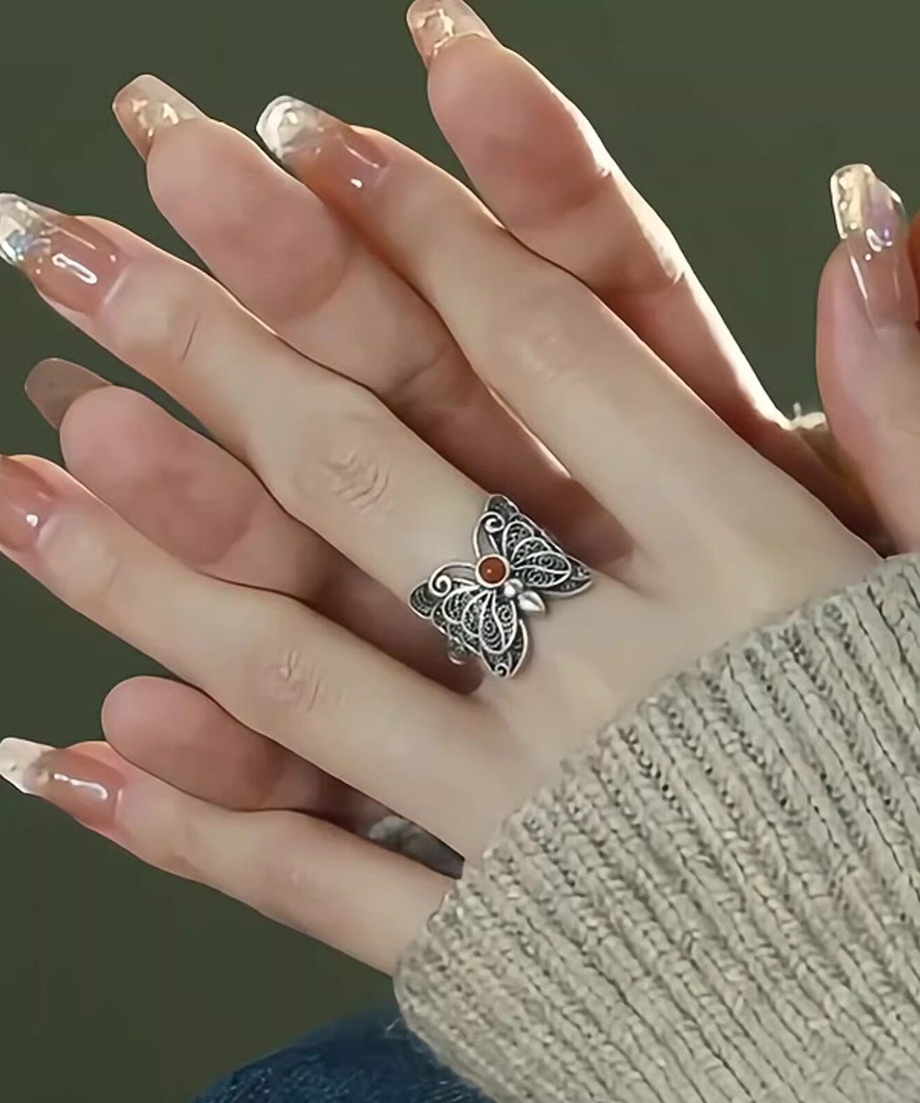 Retro Red Sterling Silver Agate Butterfly Hollow Out Rings