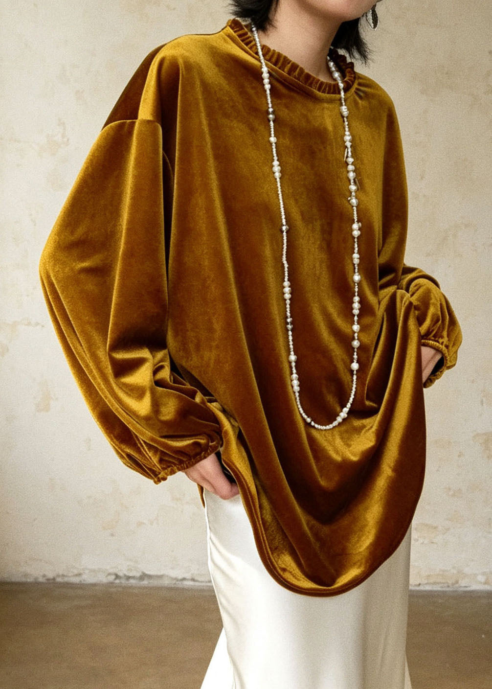Retro Yellow Patchwork Solid Silk Velour Tops Lantern Sleeve