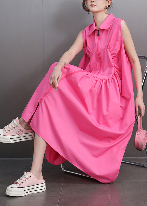 Rose Loose Cotton Party Dress Zip Up Wrinkled Sleeveless