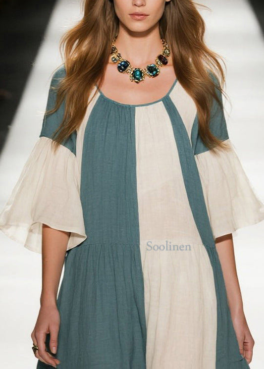 Sea Blue Patchwork Cotton A Line Dresses Oversized Flare Sleeve