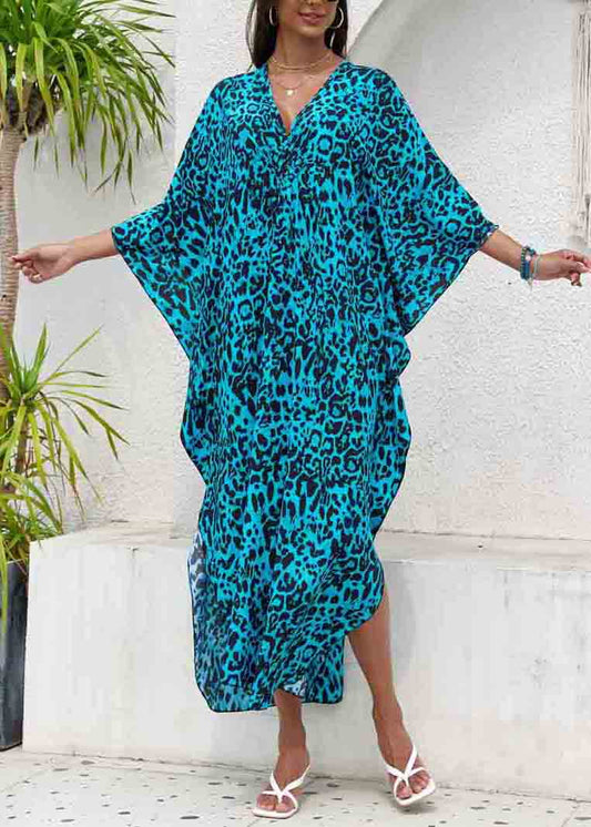 Sea Blue Print Chiffon Beach Dress V Neck Side Open Summer