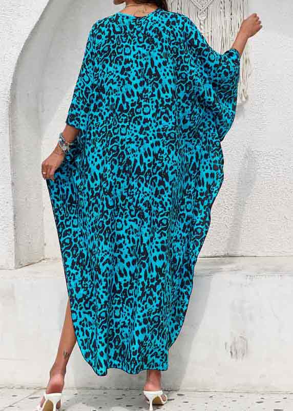 Sea Blue Print Chiffon Beach Dress V Neck Side Open Summer