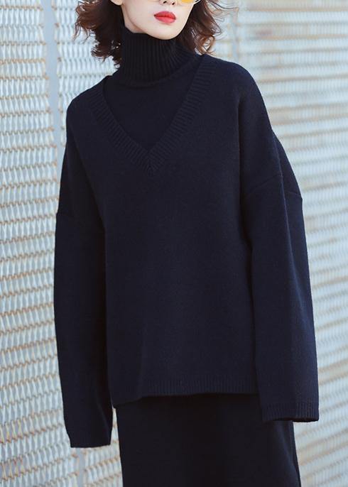 Set female 2019 large size turtleneck sweater suit skirt black two-piece long paragraph over the knee - SooLinen