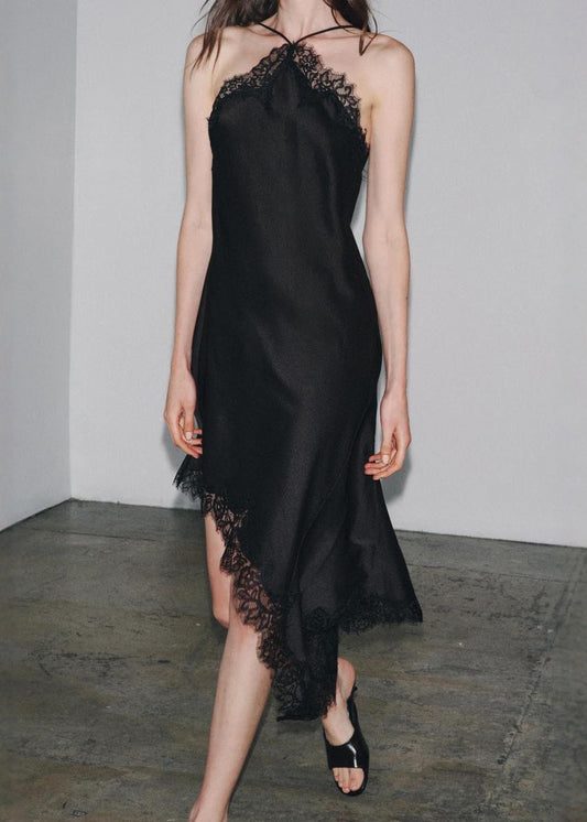 Sexy Black Asymmetrical Lace Patchwork Silk Dresses Sleeveless