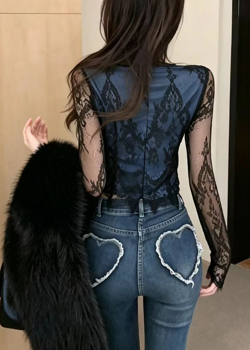 Sexy Black Blue Hollow Out Lace Shirts Long Sleeve