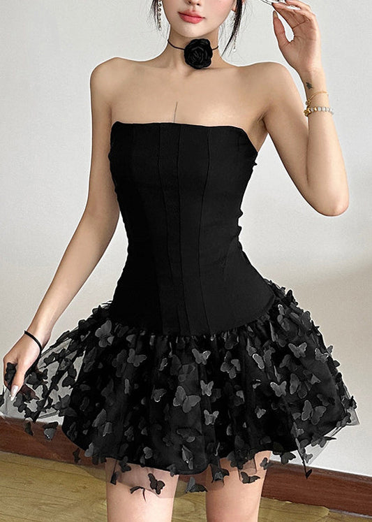 Sexy Black Butterfly Tulle Patchwork Strapless Mini Dress Summer
