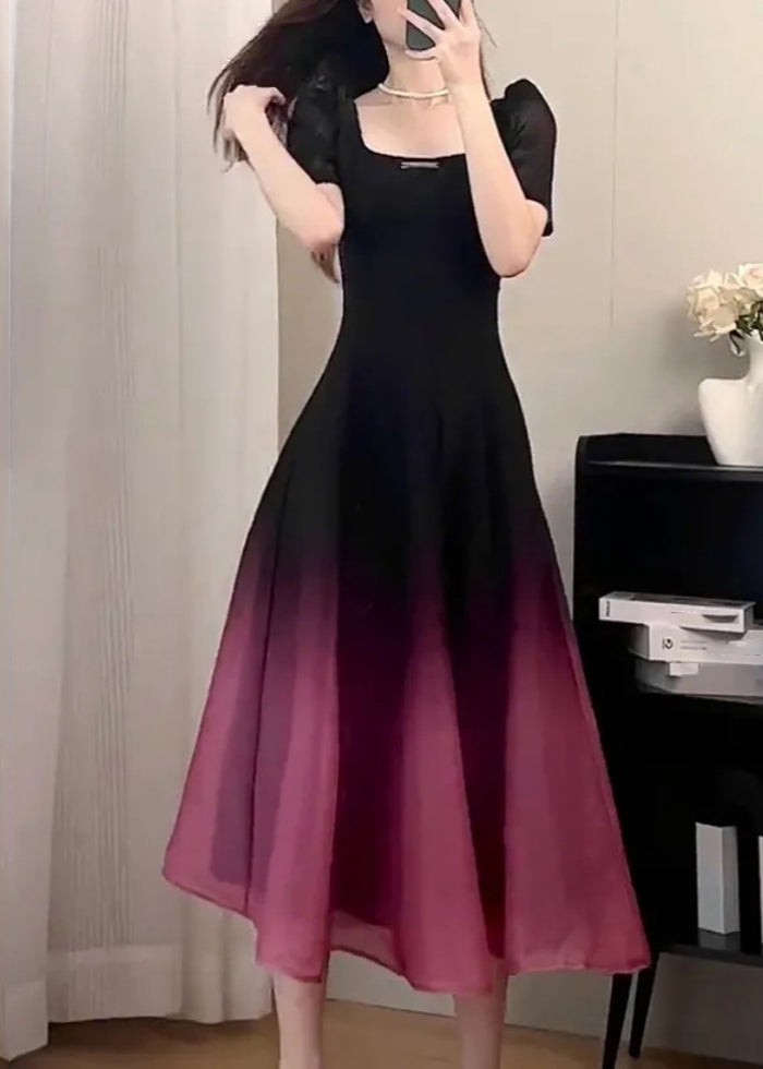 Sexy Black O-Neck Gradient Color Long Dresses Short Sleeve