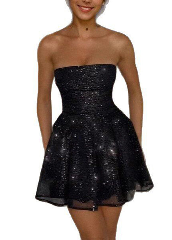 Sexy Black Sequins Wrinkled Patchwork Tulle Strapless Dress