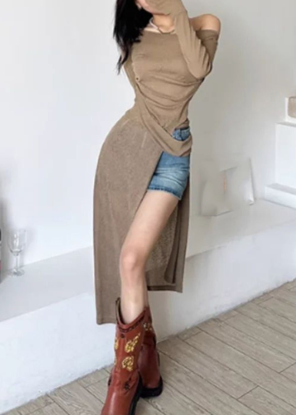 Sexy Brown One Shoulder Asymmetrical Side Open Silk Maxi Dresses Fall