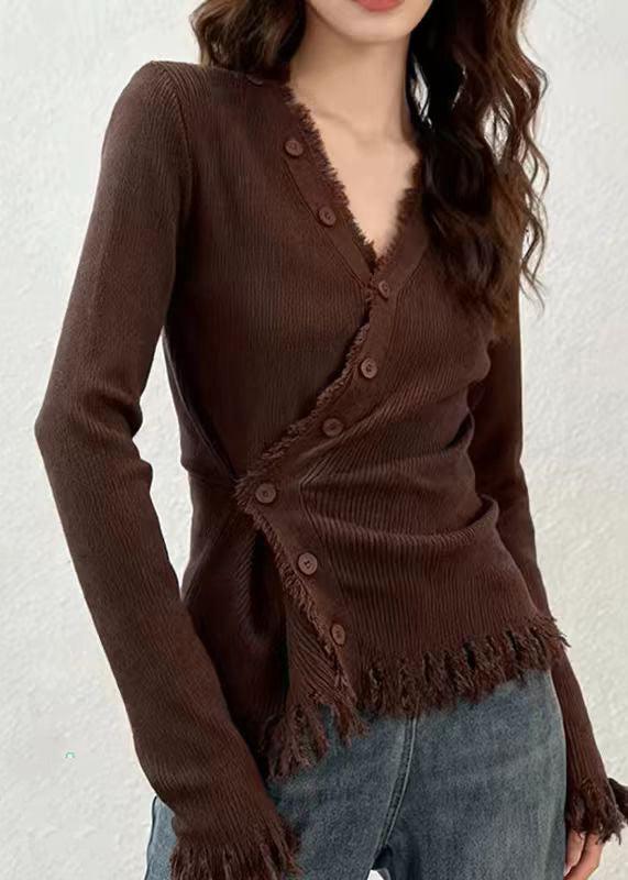 Sexy Coffee V Neck Button Cotton Knit Cardigans Spring